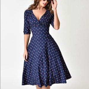Unique Vintage Navy Windmill Swing Dress